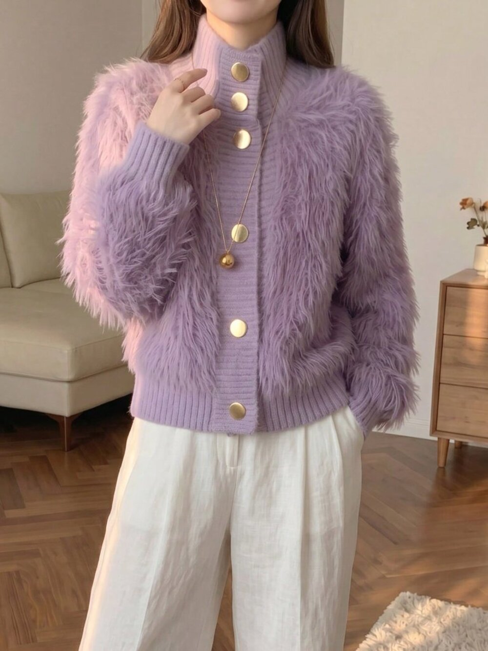 Purple Casual Women's Fluffy Knit Cardigan